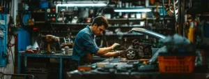 a well-lit, bustling automobile repair shop showcases a skilled technician meticulously working on a car with visible tools and parts organized on shelves, emphasizing reliability and professionalism in vehicle maintenance.