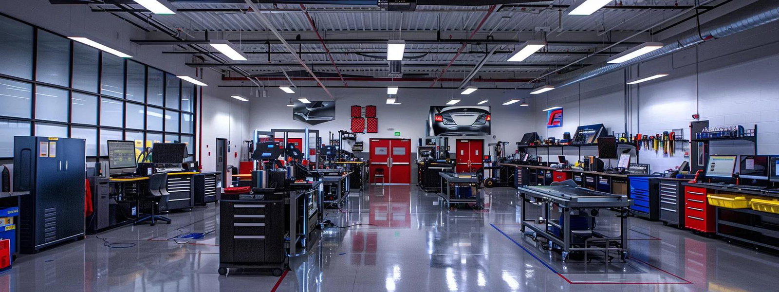 Modern automotive training facility with organized workstations, tools, and equipment for diesel truck maintenance and repair at George Automotive Services.