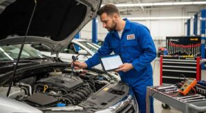 Certified auto repair technician diagnosing a car engine in a professional garage