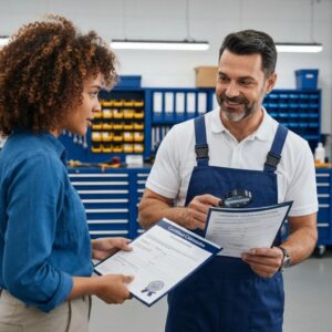Customer verifying auto mechanic credentials in a certified repair shop