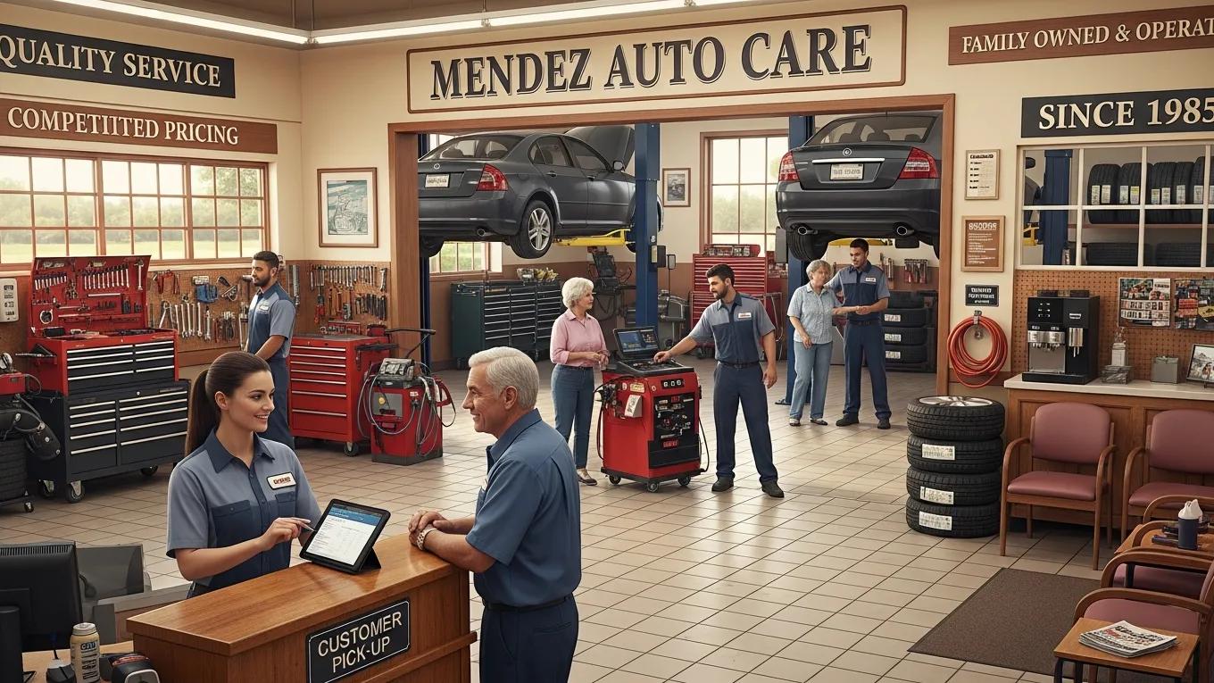 Family-owned auto repair shop with staff providing customer service, highlighting a welcoming environment