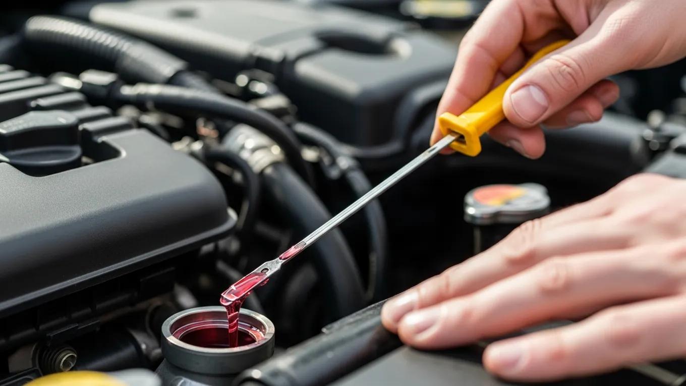 Mechanic checking transmission fluid level in a car engine bay