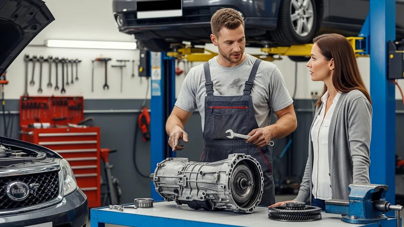 Mechanic discussing transmission repair services with a customer in a garage
