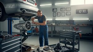 Mechanic repairing a car transmission in a professional garage setting